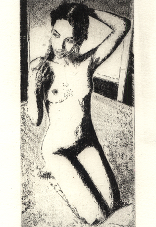 Radierung Kaltnadelradierung Akt kniend erotik Frau female nude nackt kniet auf Bett Original CBY art etching und drypoint